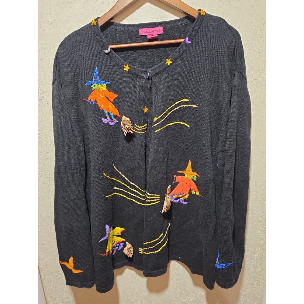 Bobbie Bell Halloween Witches Knit Sweater Cardigan Women's XXL VTG Halloween